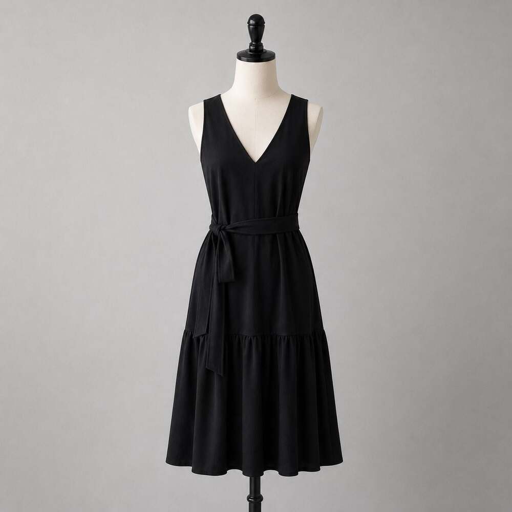 Banana Republic Black Sleeveless Midi Dress Large Tie Waist V-Neck Stretch